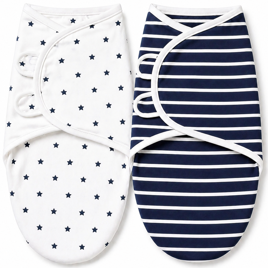 BRANDONN Baby Swaddle Wrap & Cotton Blanket Set for Newborns (0–6 Months), Adjustable, Soft 100% Cotton, Pack of 2, Multi-Color
