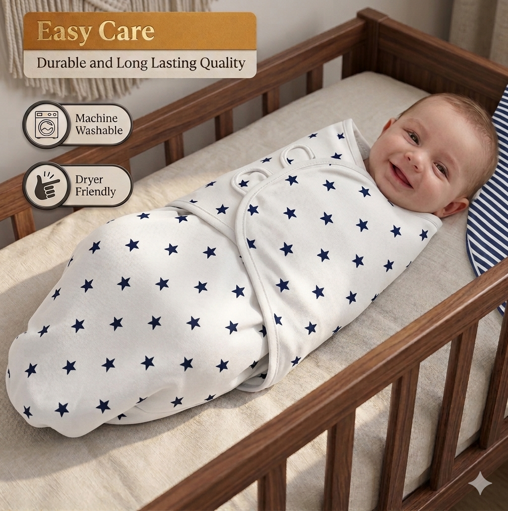 BRANDONN Baby Swaddle Wrap & Cotton Blanket Set for Newborns (0–6 Months), Adjustable, Soft 100% Cotton, Pack of 2, Multi-Color