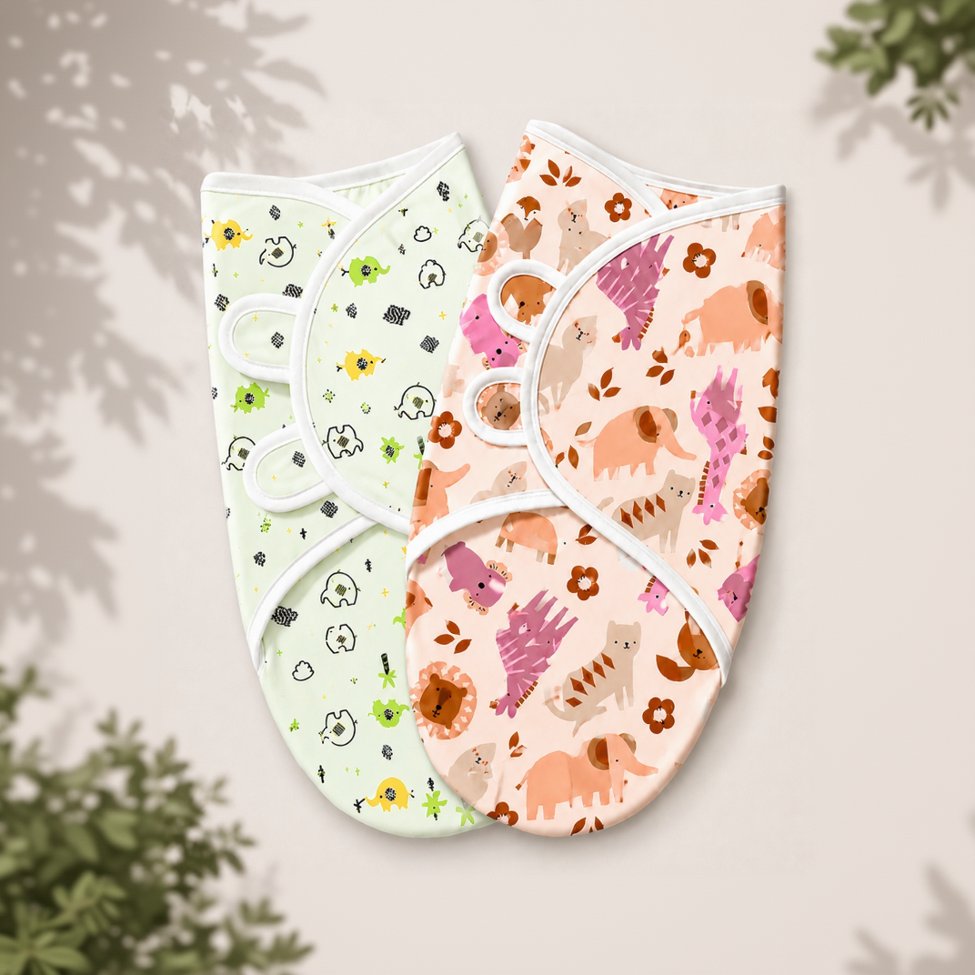BRANDONN Baby Swaddle Wrap & Cotton Blanket Set for Newborns (0–6 Months), Adjustable, Soft 100% Cotton, Pack of 2, Multi-Color