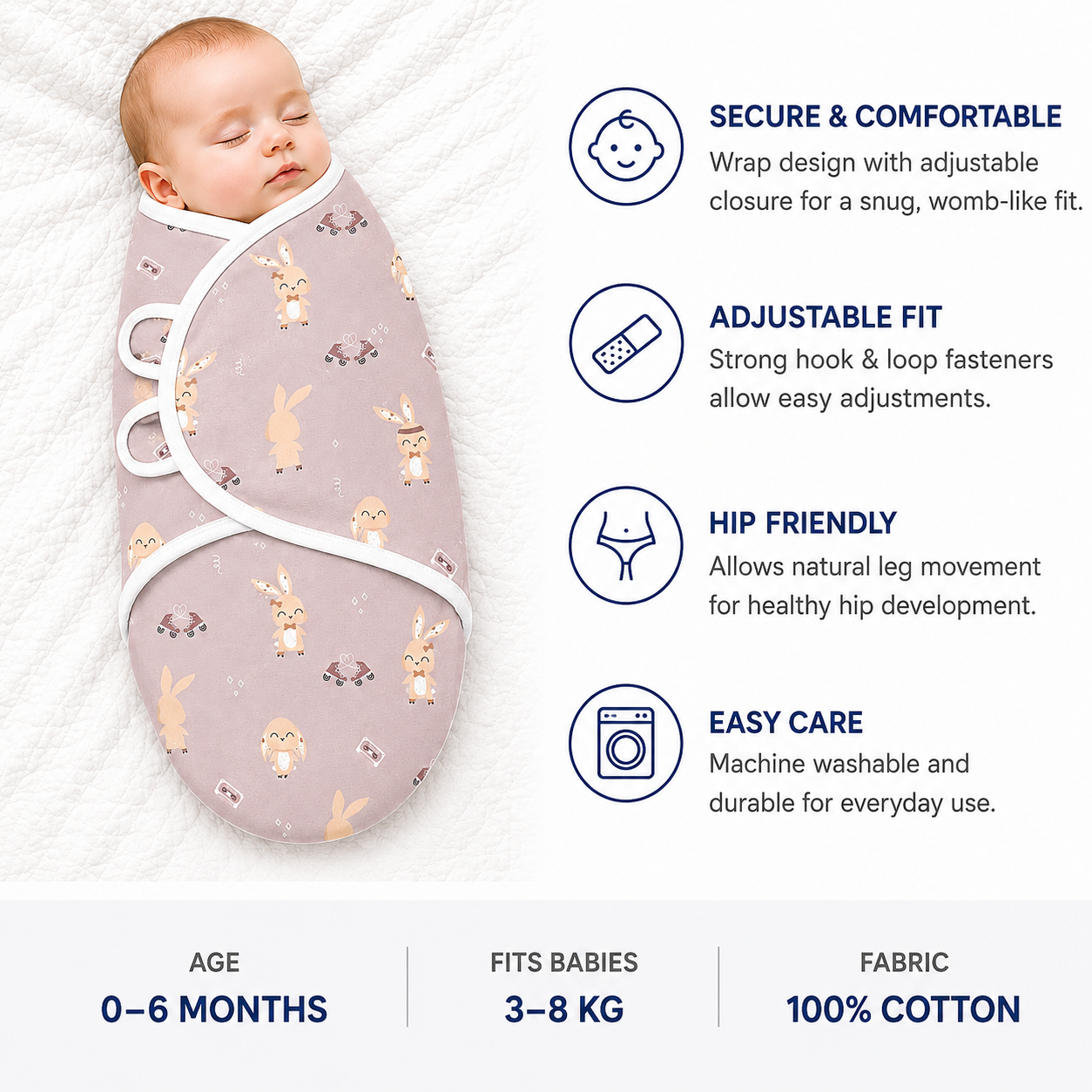 BRANDONN Baby Swaddle Wrap & Cotton Blanket Set for Newborns (0–6 Months), Adjustable, Soft 100% Cotton, Pack of 2, Multi-Color