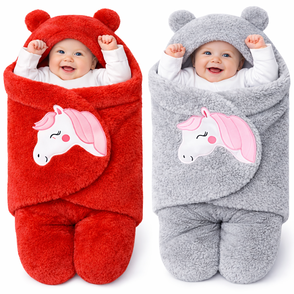 BRANDONN Newborn Baby Hooded Swaddle Blanket Gift Set (Pack of 2), Unicorn Print, 0–9 Months