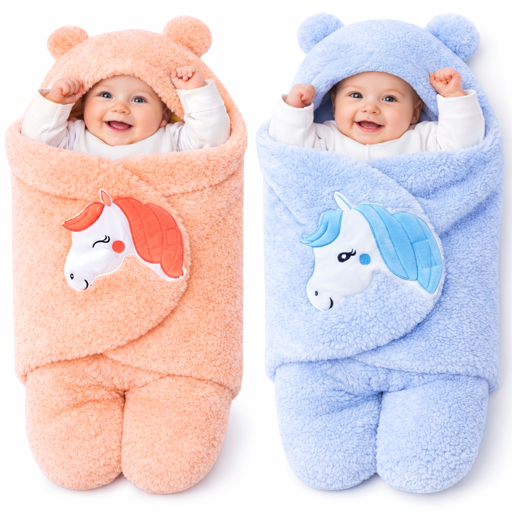 BRANDONN Newborn Baby Hooded Swaddle Blanket Gift Set (Pack of 2), Unicorn Print, 0–9 Months