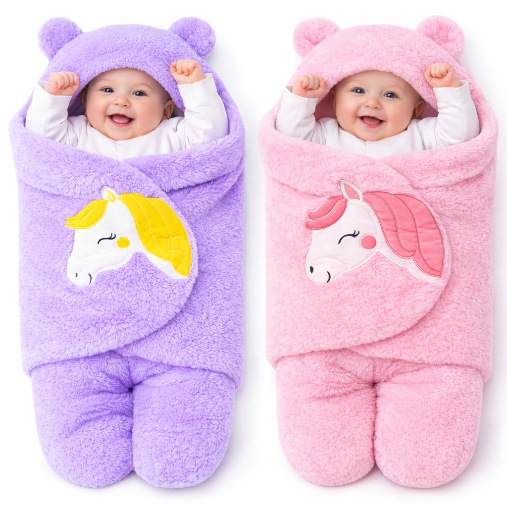 BRANDONN Newborn Baby Hooded Swaddle Blanket Gift Set (Pack of 2), Unicorn Print, 0–9 Months