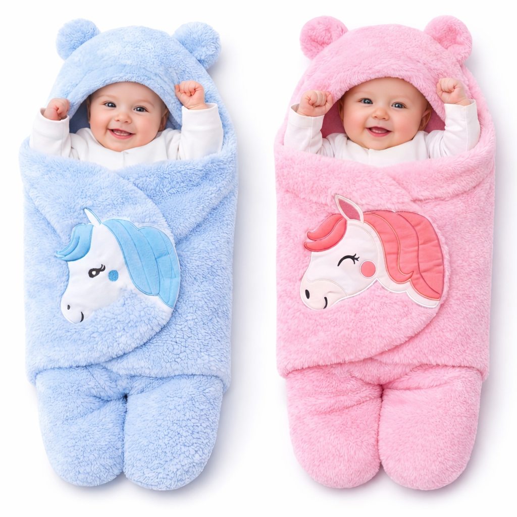 BRANDONN Newborn Baby Hooded Swaddle Blanket Gift Set (Pack of 2), Unicorn Print, 0–9 Months