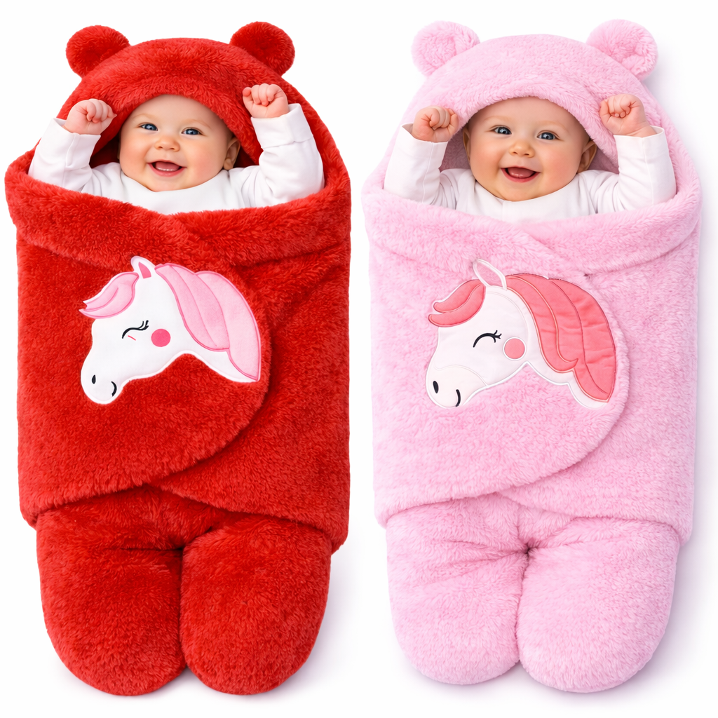 BRANDONN Newborn Baby Hooded Swaddle Blanket Gift Set (Pack of 2), Unicorn Print, 0–9 Months