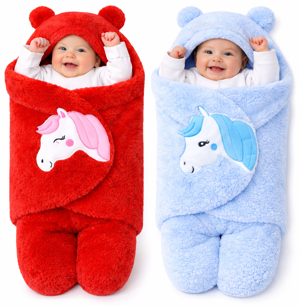 BRANDONN Newborn Baby Hooded Swaddle Blanket Gift Set (Pack of 2), Unicorn Print, 0–9 Months