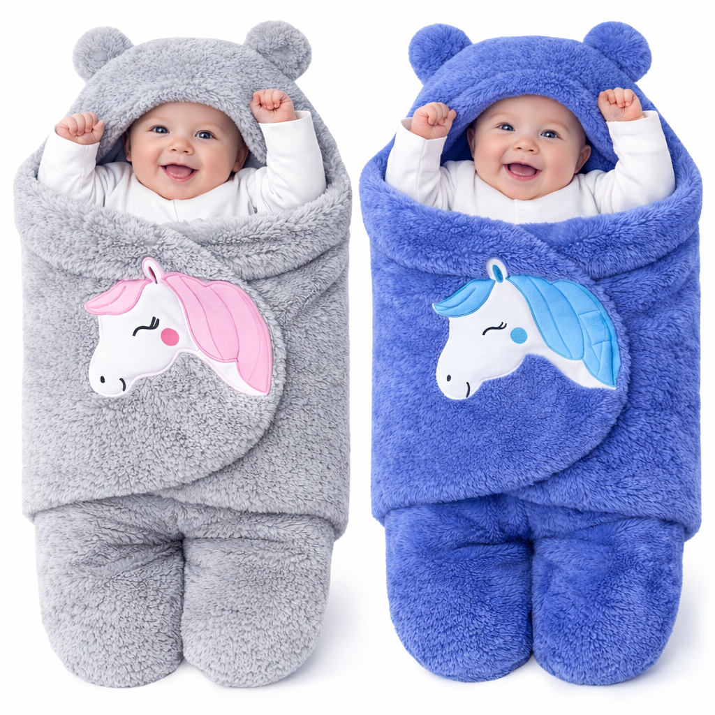 BRANDONN Newborn Baby Hooded Swaddle Blanket Gift Set (Pack of 2), Unicorn Print, 0–9 Months