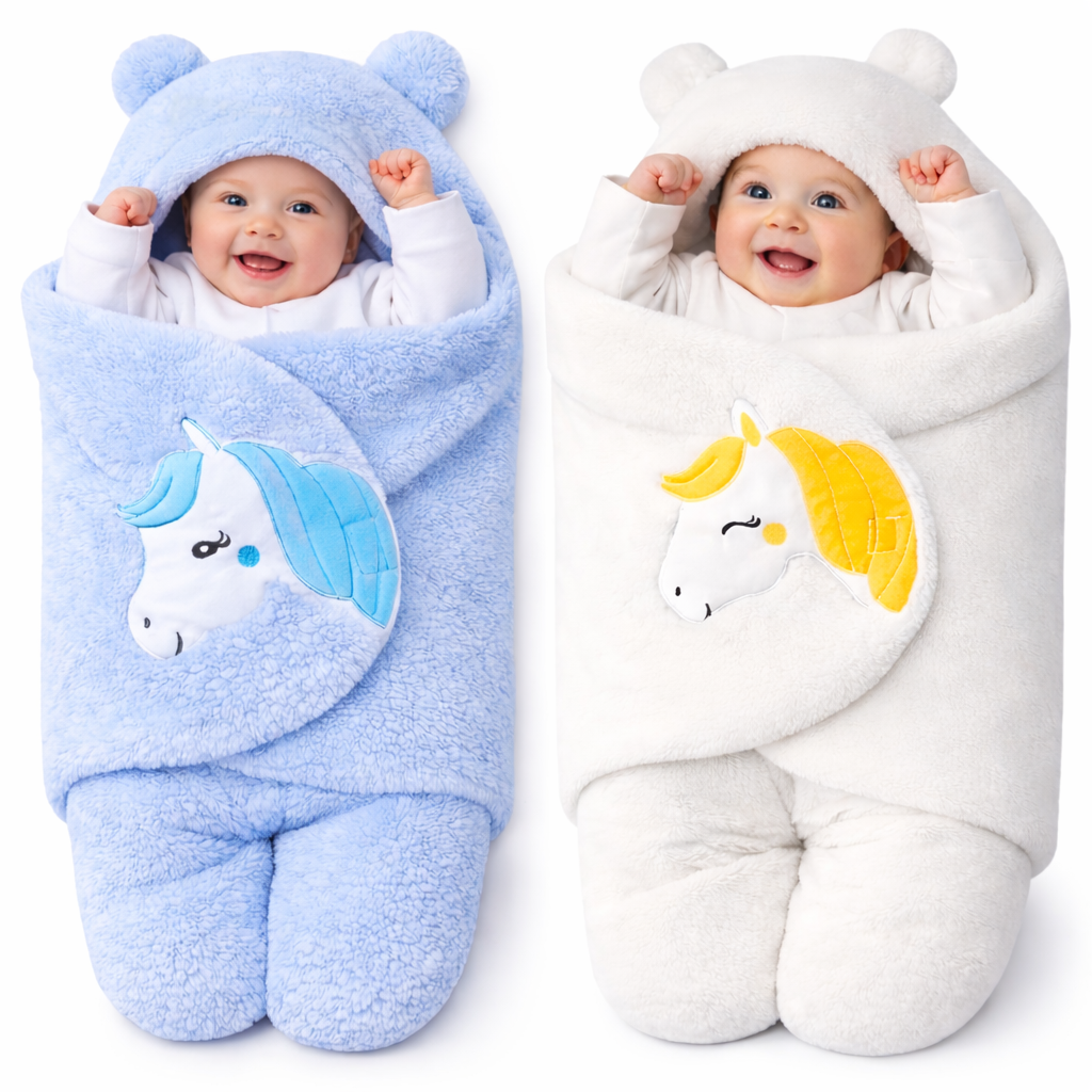 BRANDONN Newborn Baby Hooded Swaddle Blanket Gift Set (Pack of 2), Unicorn Print, 0–9 Months