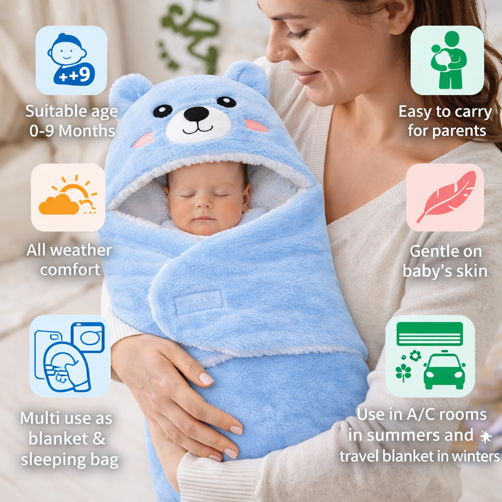 BRANDONN Newborn Hooded Baby Blanket & Bath Towel, Multi Design, 0–9 Months