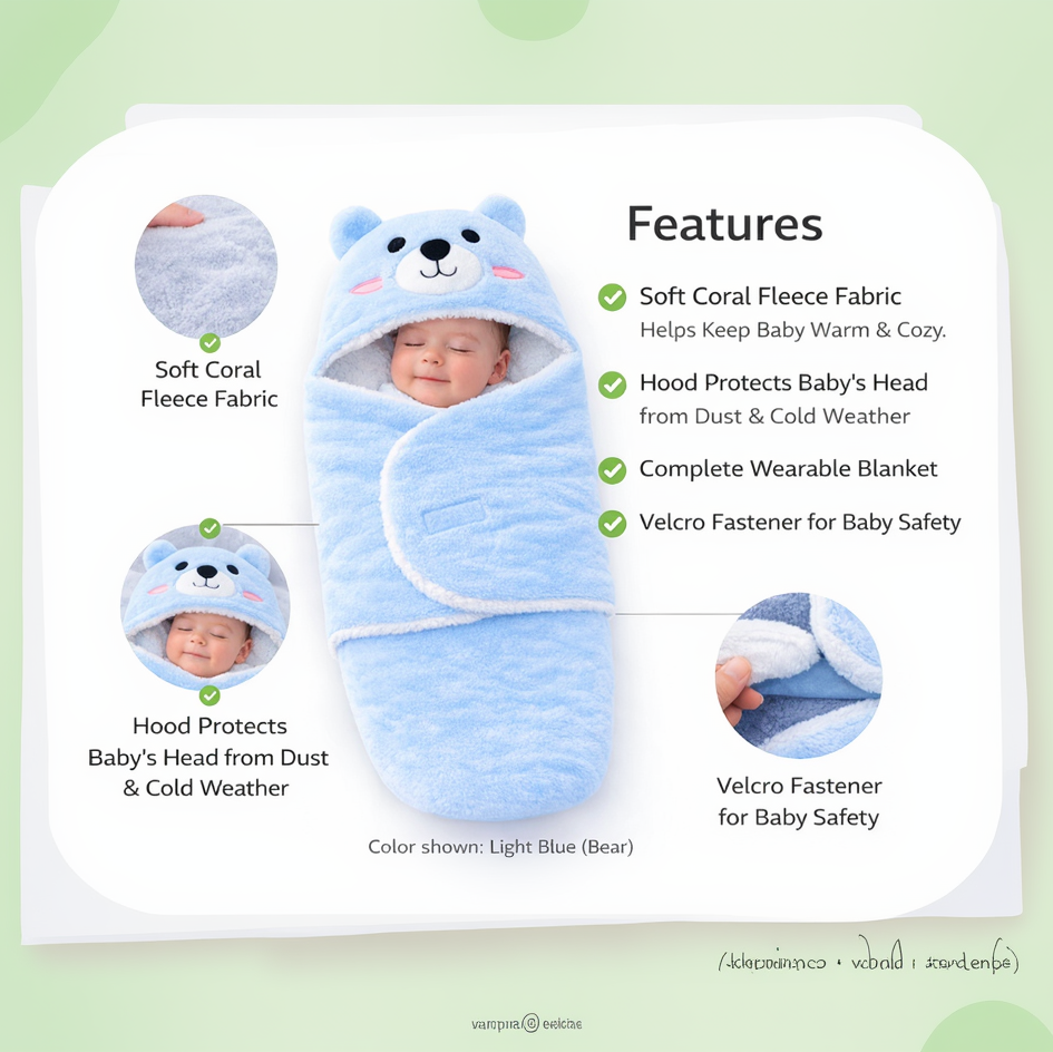 BRANDONN Newborn Hooded Baby Blanket & Bath Towel, Multi Design, 0–9 Months