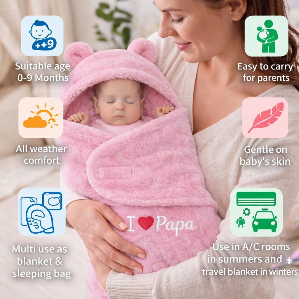 BRANDONN Newborn Hooded Baby Blanket & Bath Towel with Love Embroidery (0–9 Months)