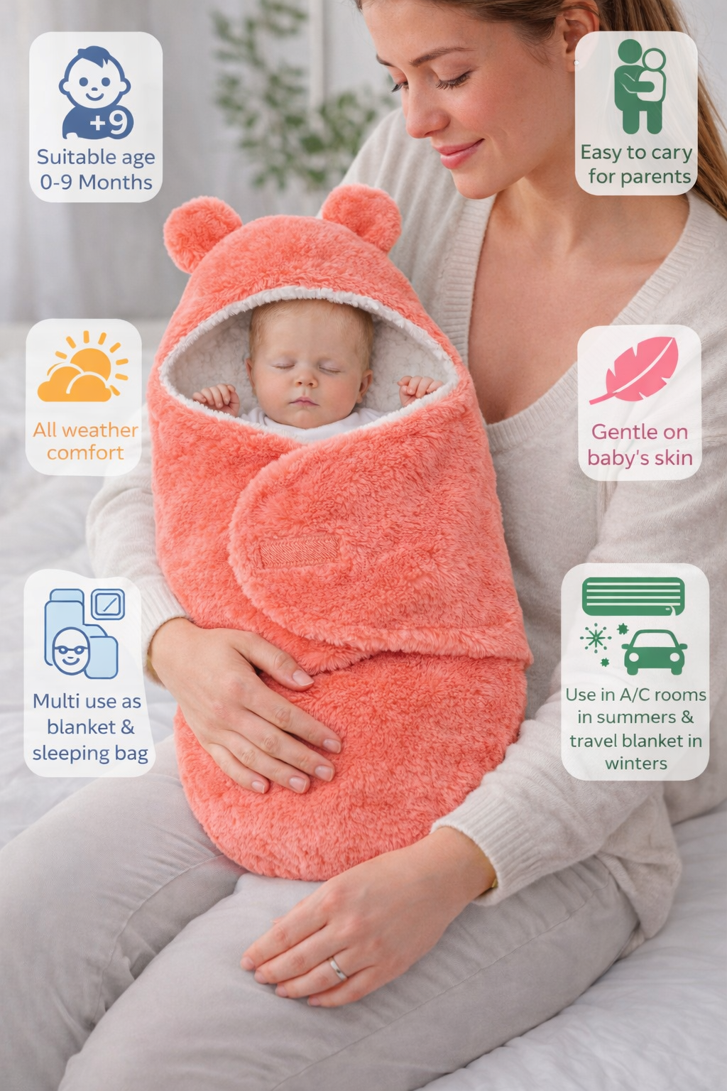 BRANDONN Baby Hooded Wrapper Blanket for Newborns (0–9 Months)