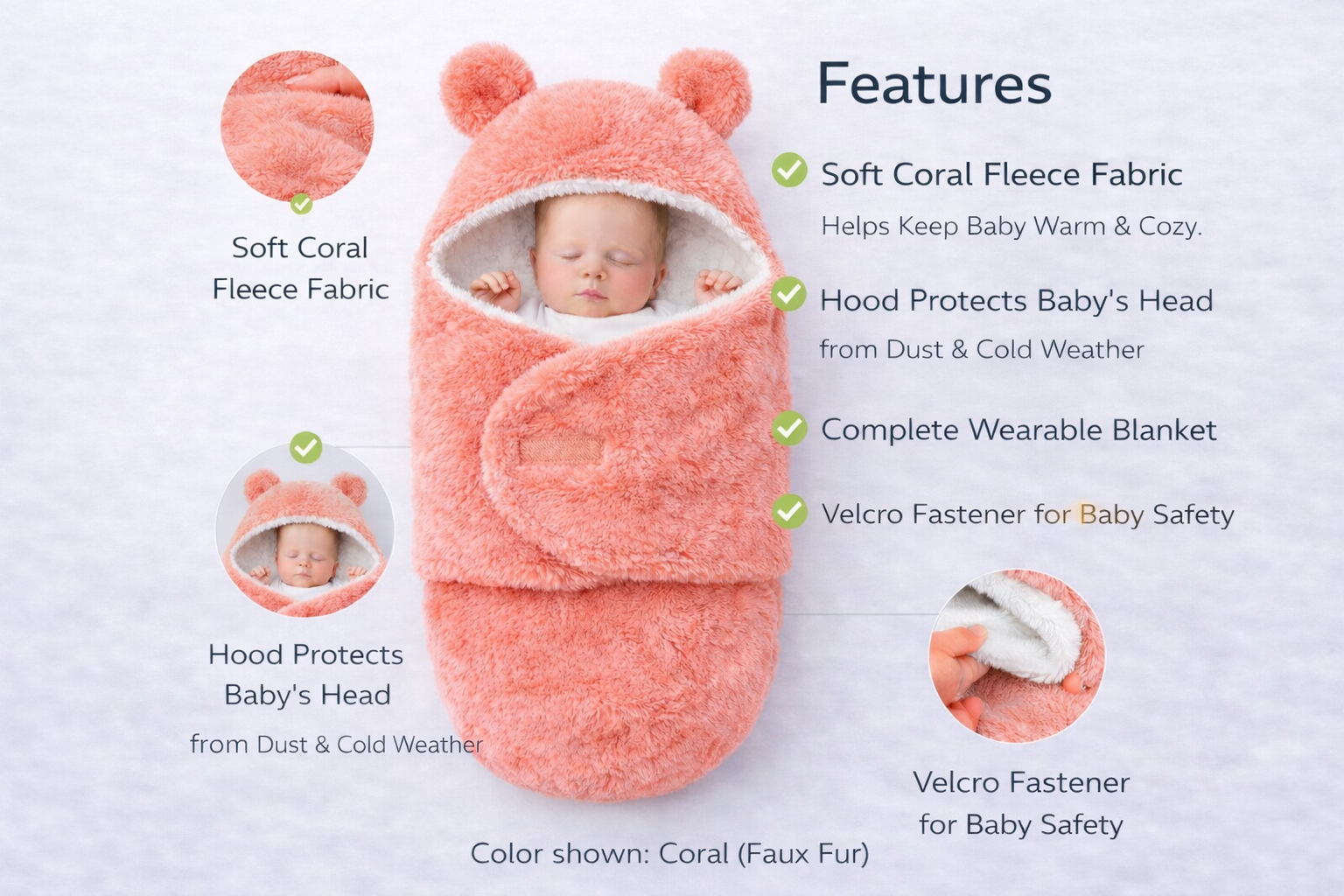 BRANDONN Baby Hooded Wrapper Blanket for Newborns (0–9 Months)