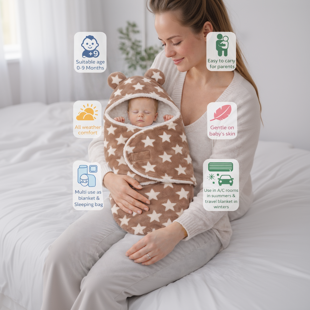 BRANDONN Newborn Hooded Baby Blanket (0–9 Months), Star Print