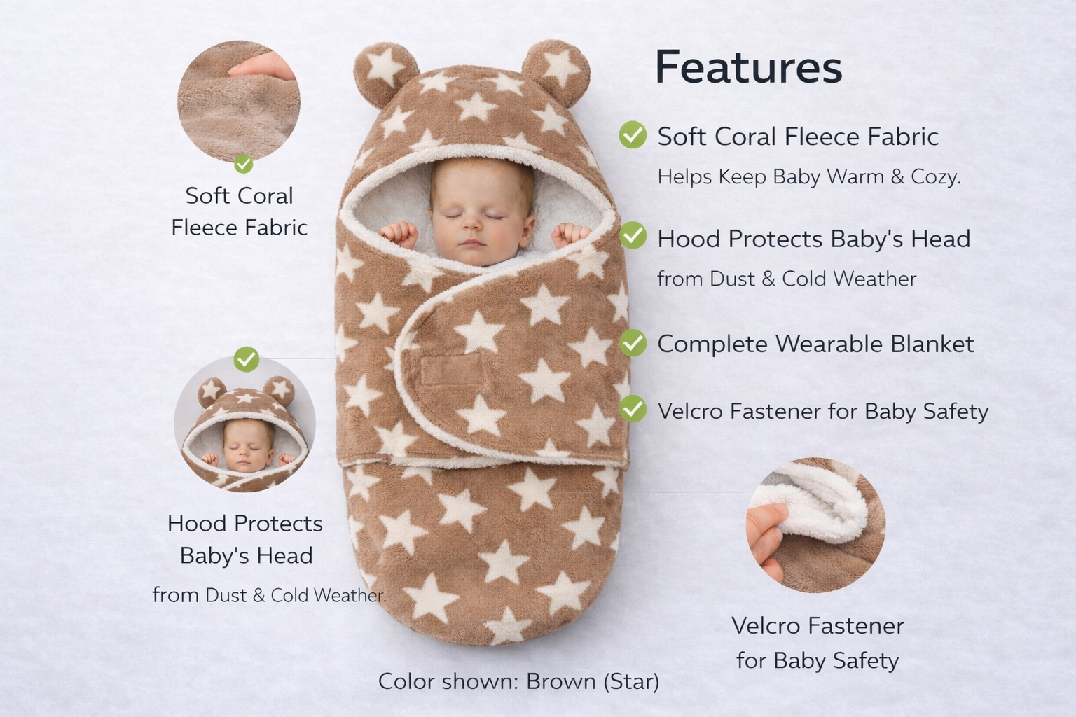 BRANDONN Hooded Baby Blanket Star Print | Newborn Wrapper 0–9 Months