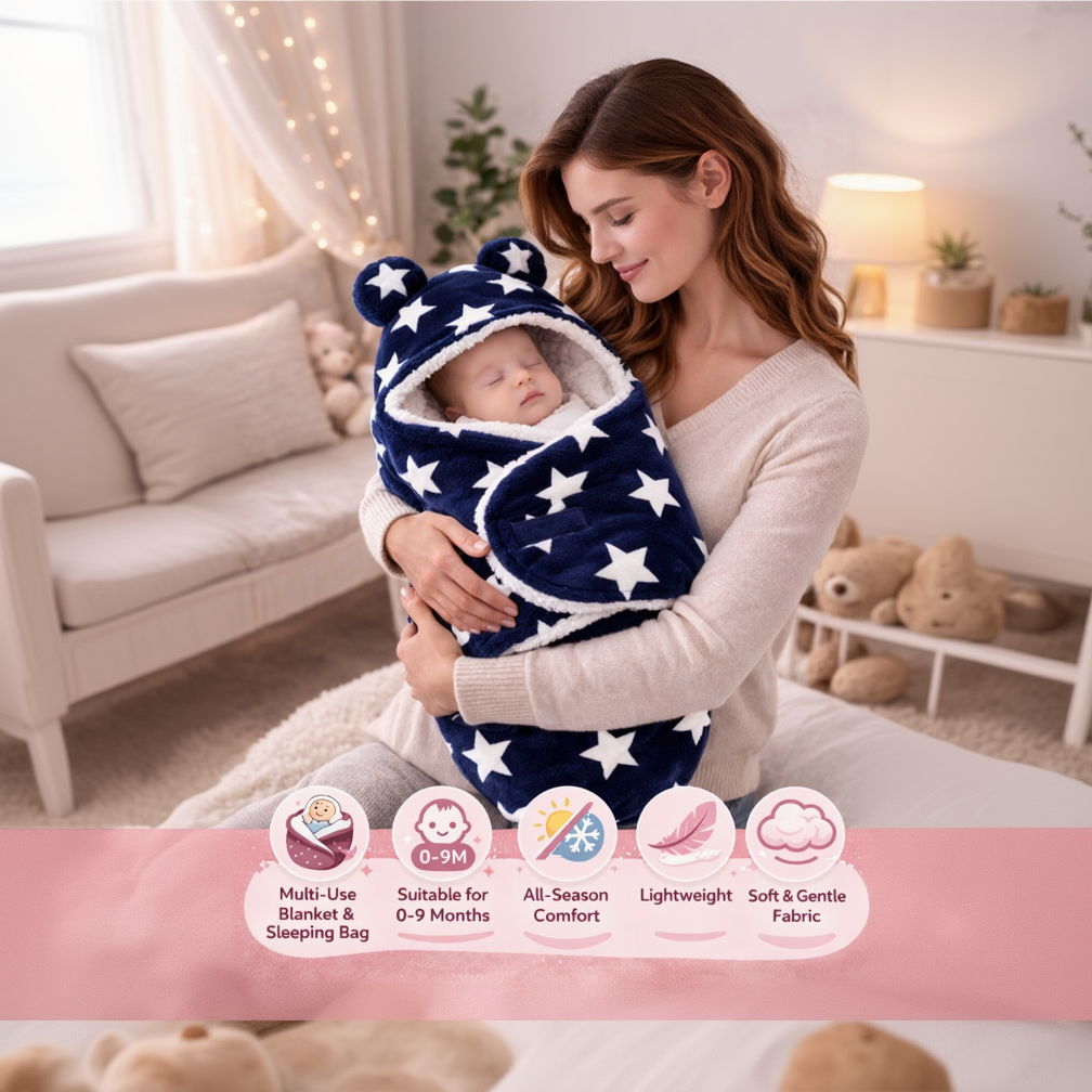 BRANDONN Newborn Hooded Baby Blanket (0–9 Months), Star Print