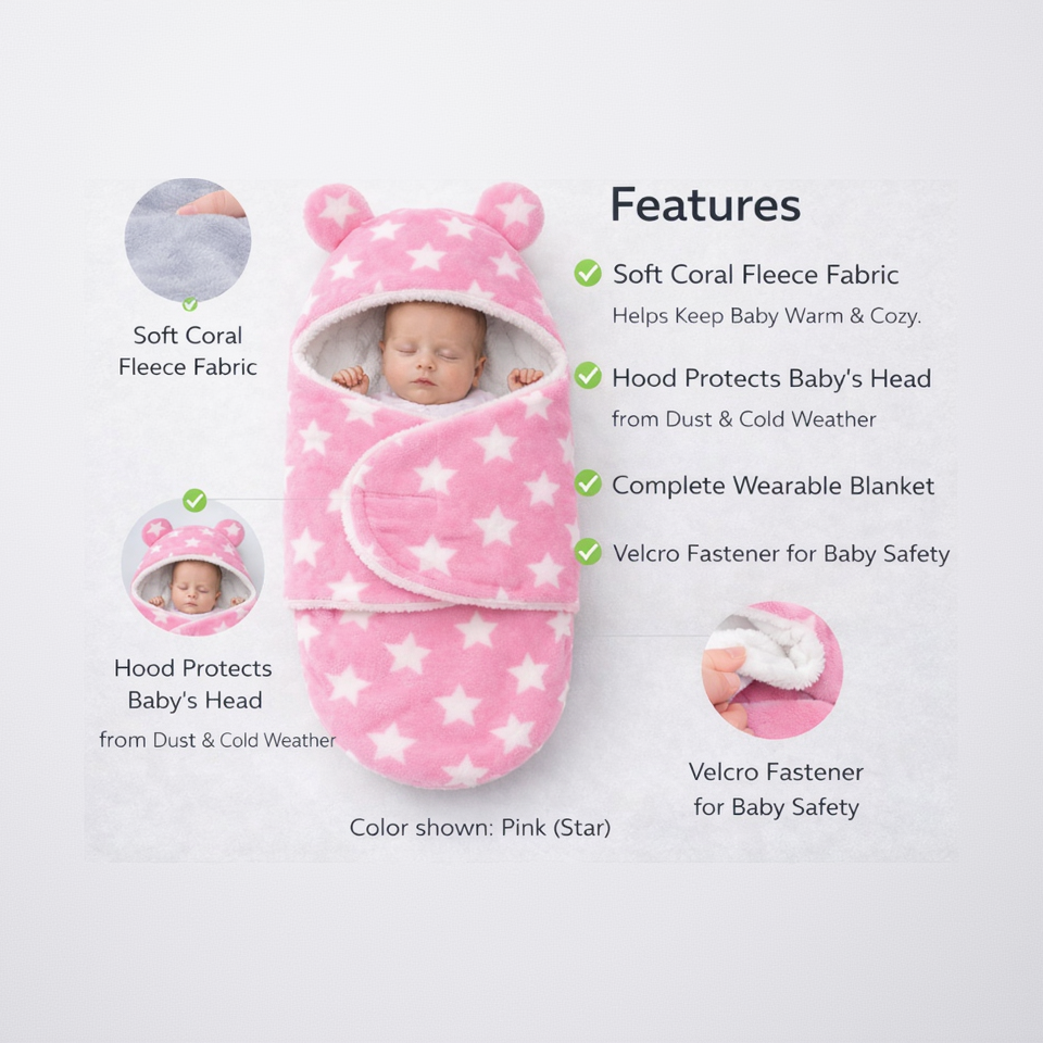 BRANDONN Newborn Hooded Baby Blanket (0–9 Months), Star Print