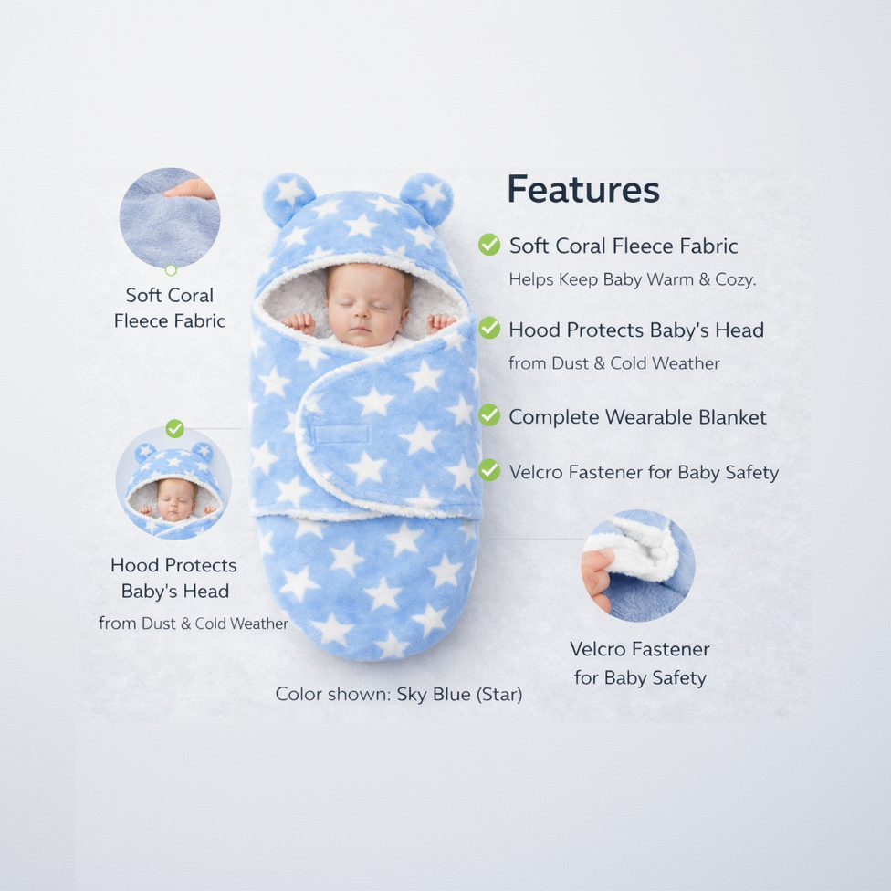 BRANDONN Newborn Hooded Baby Blanket (0–9 Months), Star Print