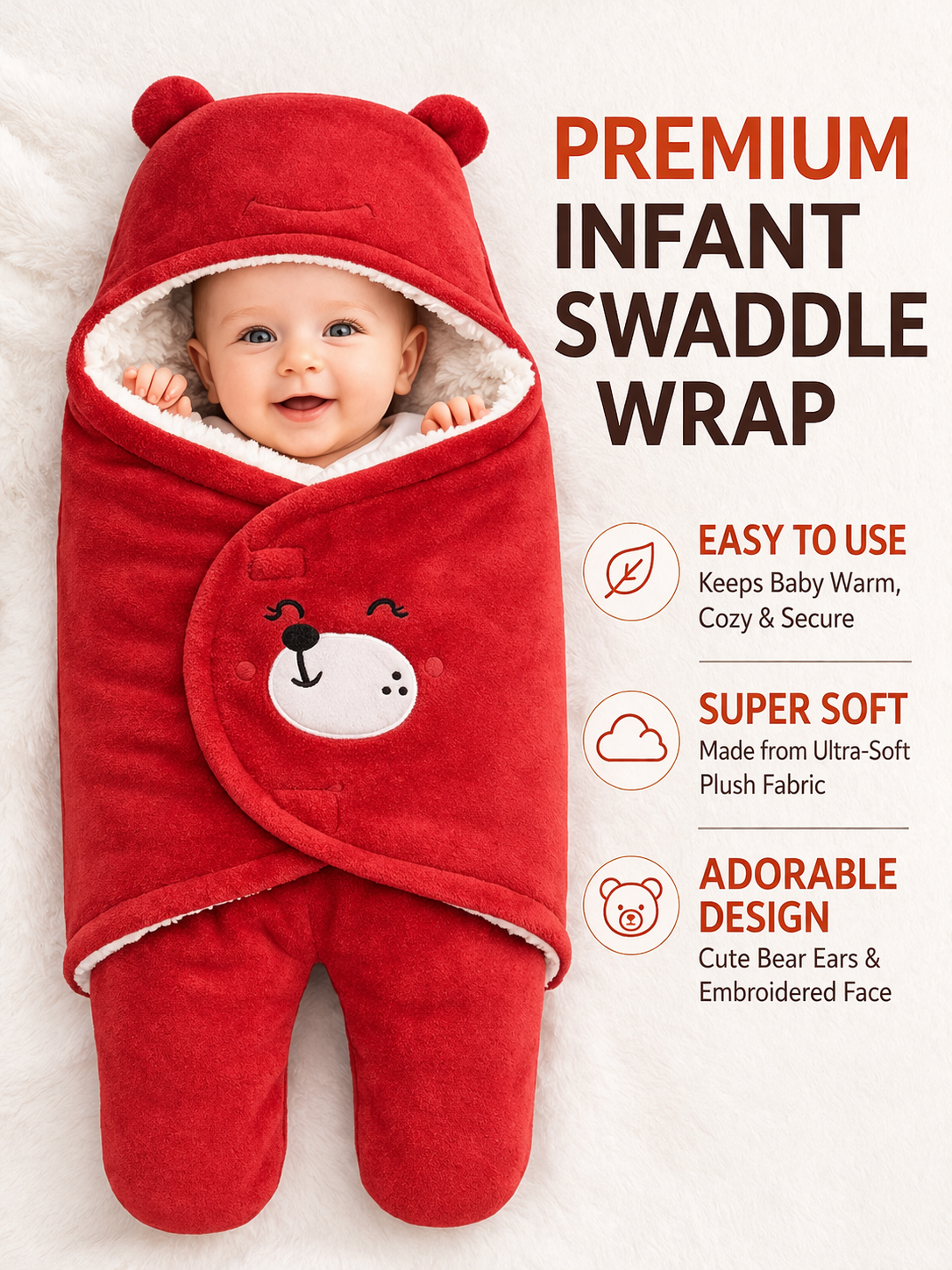 BRANDONN Hooded Smiley Baby Swaddle Blanket (0–9 Months, Pack of 1)