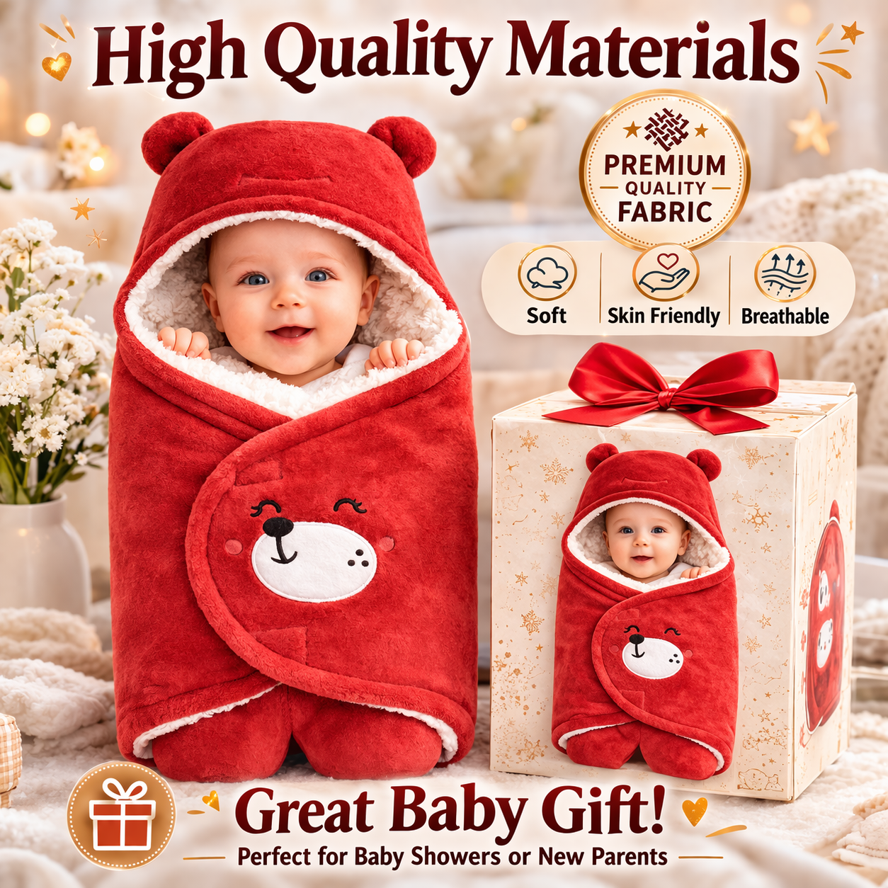 BRANDONN Hooded Smiley Baby Swaddle Blanket (0–9 Months, Pack of 1)