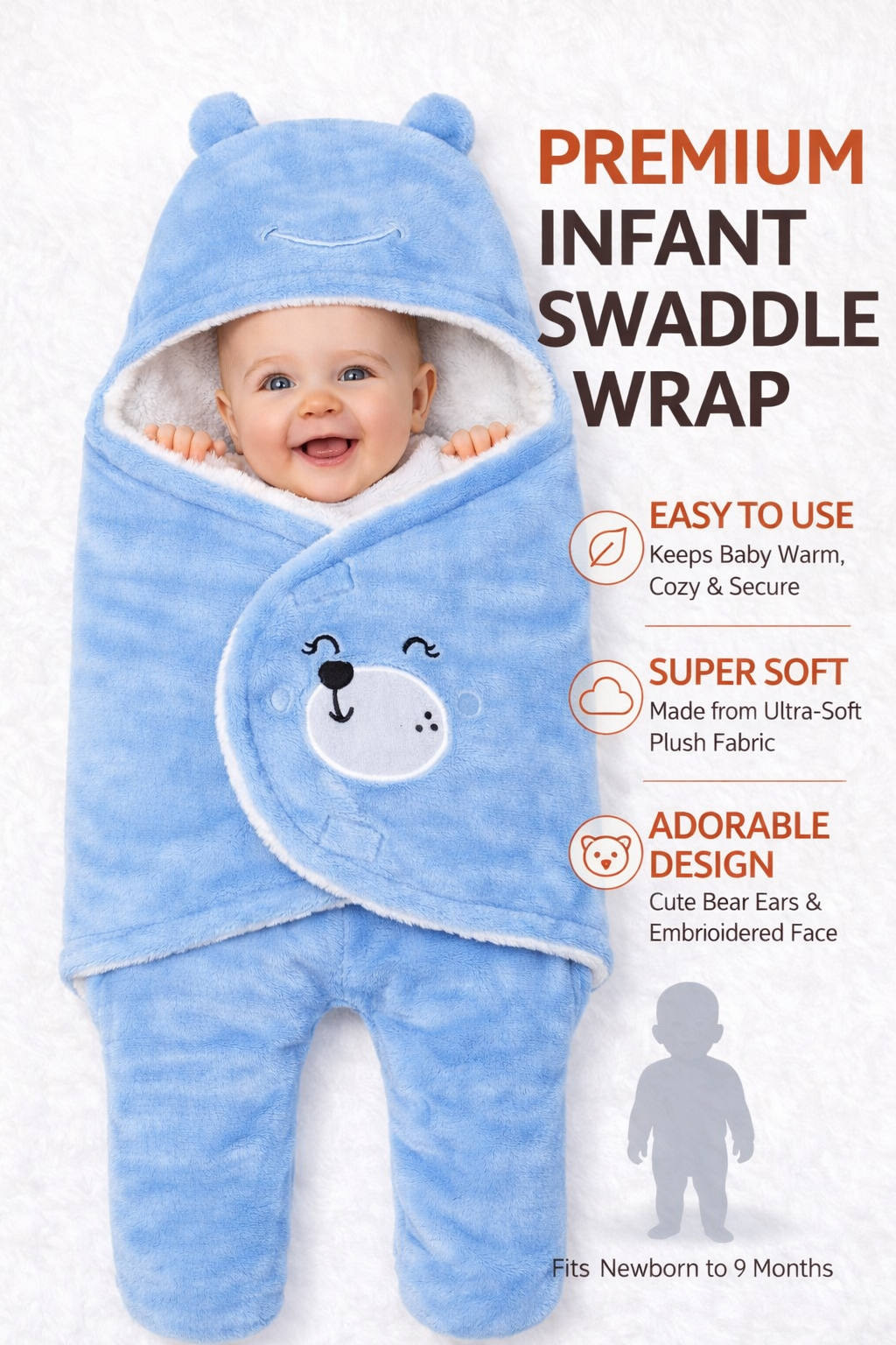 BRANDONN Hooded Smiley Baby Swaddle Blanket (0–9 Months, Pack of 1)