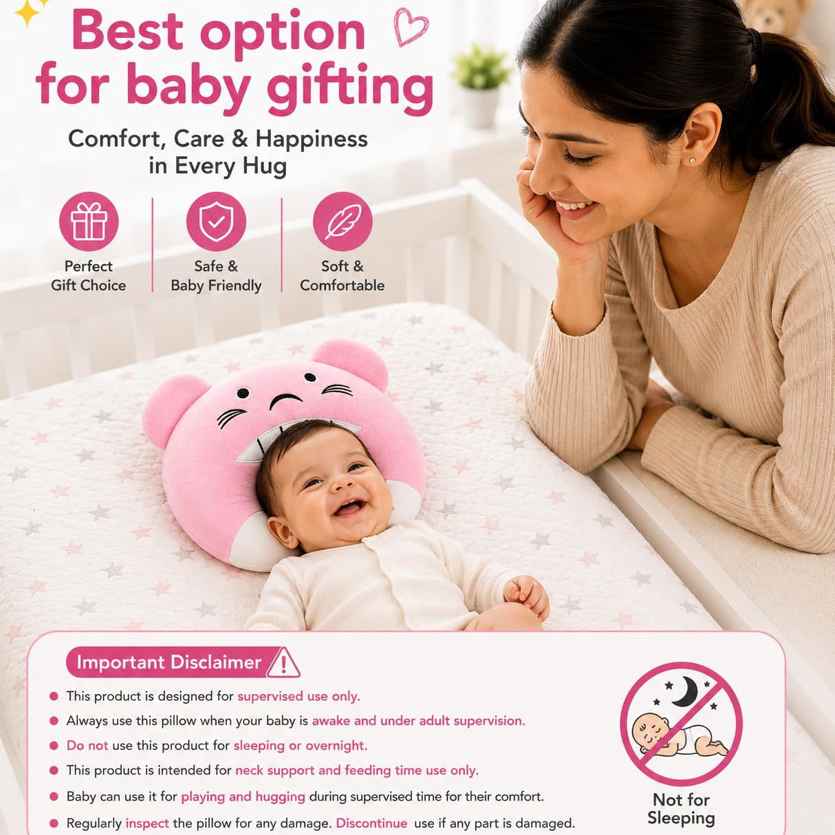 First Kick Baby Feeding Pillow for Breastfeeding & Bottle Feeding, Ergonomic Nursing Support Cushion, Soft Neck Support Pillow, Portable Aid for Newborns, & Moms