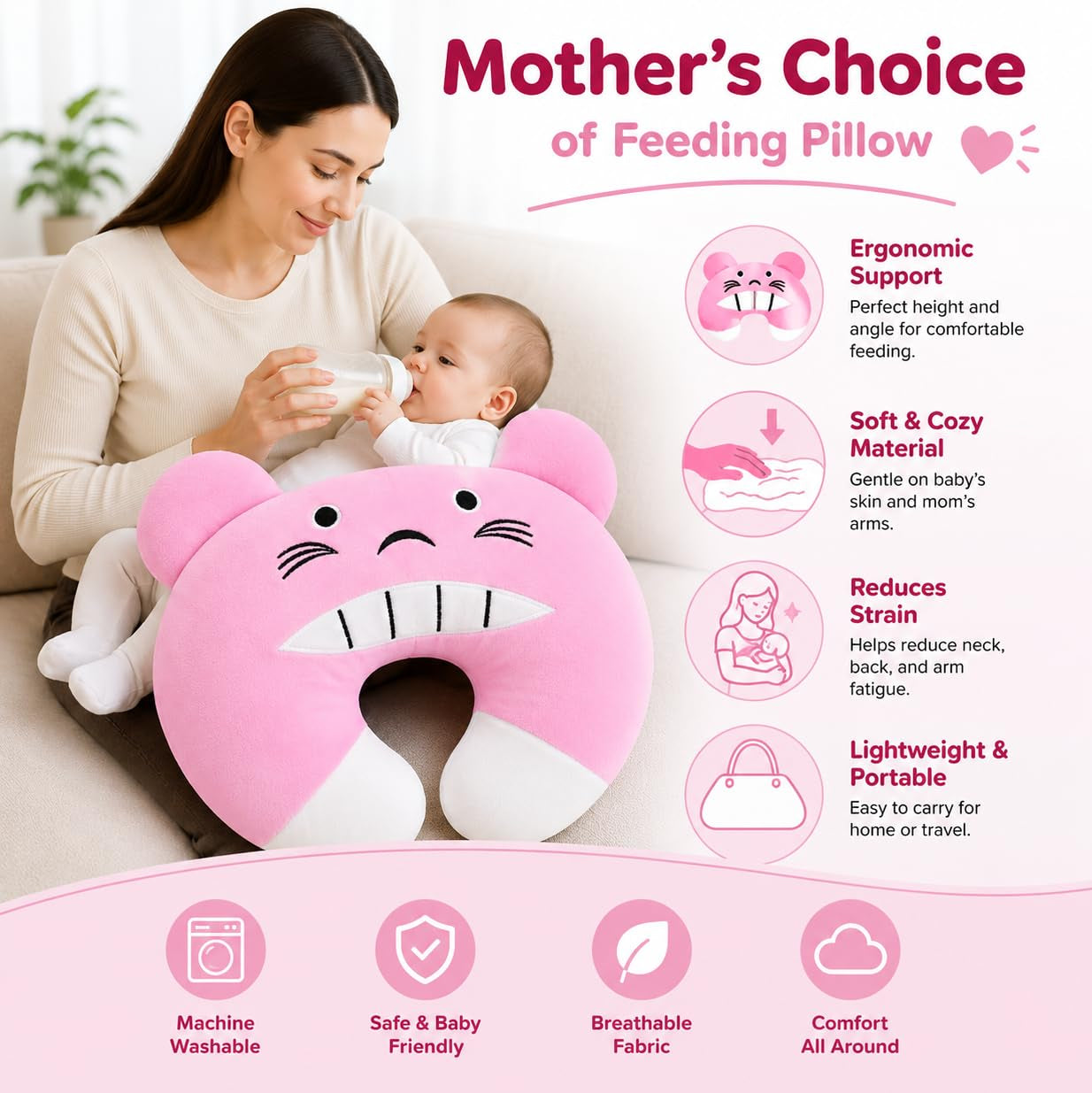 First Kick Baby Feeding Pillow for Breastfeeding & Bottle Feeding, Ergonomic Nursing Support Cushion, Soft Neck Support Pillow, Portable Aid for Newborns, & Moms