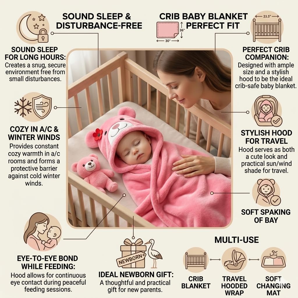 First Kick Baby Hooded Blanket for Newborn (0-12 Months) – Ultra Soft 240 GSM Wrap, Hood Baby Bath Towel & Swaddle, Lightweight Warm Crib & Travel for Infants – 82 × 82 cm Beige