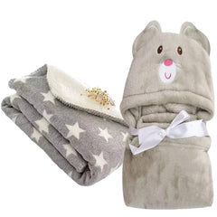 First Kick Baby Blankets New Born Combo Pack Of Hooded Wrapper Durable Fleece Polyester Sleeping Bag Towel For 0-6 Months Baby Boys And Baby Girls Pack Of 2 Grey Star, Grey Mouse, Casual Style