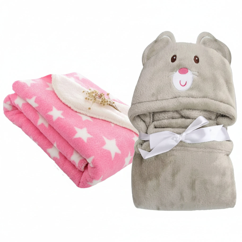 First Kick Baby Blankets New Born Combo Pack Of Hooded Wrapper Durable Fleece Polyester Sleeping Bag Towel For 0-6 Months Baby Boys And Baby Girls Pack Of 2 Grey Star, Grey Mouse, Casual Style