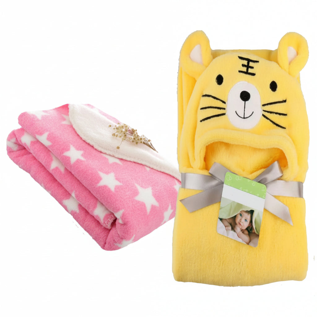 First Kick Baby Blankets New Born Combo Pack Of Hooded Wrapper Durable Fleece Polyester Sleeping Bag Towel For 0-6 Months Baby Boys And Baby Girls Pack Of 2 Grey Star, Grey Mouse, Casual Style