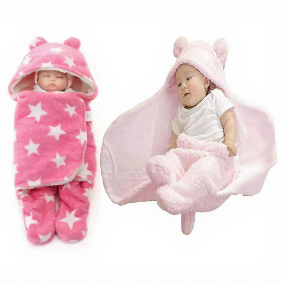 First Kick New Born Sleeping Bag Combo Pack of Super Soft Wearable Baby Wrapper Durable Fleece Polyester Cum Baby Sleeping Bag for Boys, Baby Girls, Babies (76cm x 70cm, 0-6 Months) Pack of 2 Pink