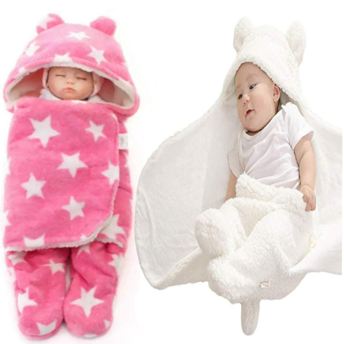 First Kick New Born Sleeping Bag Combo Pack of Super Soft Wearable Baby Wrapper Durable Fleece Polyester Cum Baby Sleeping Bag for Boys, Baby Girls, Babies (76cm x 70cm, 0-6 Months) Pack of 2 Pink