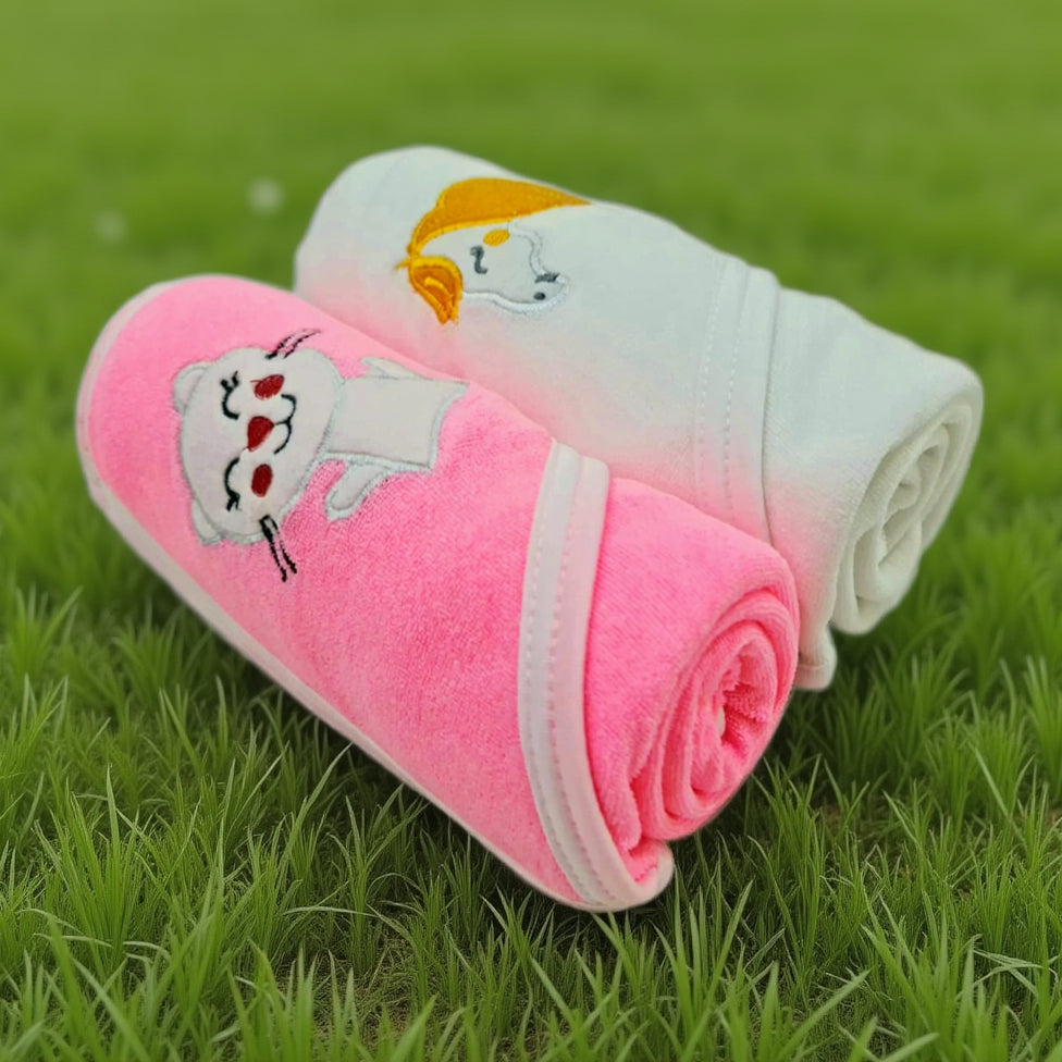 First Kick Baby Cotton Bath Towels New Born Combo Pack Of Hooded Soft Wrapping Towel Pack Of 2(70 Cm X 66 Cm) Set Of 2, Pink