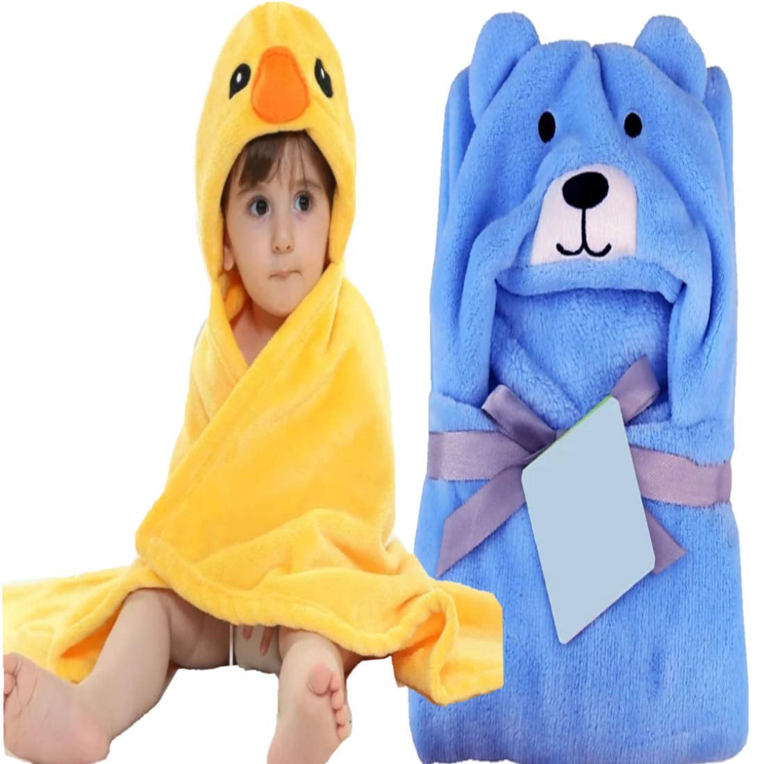 Brandonn Super Soft Baby Blanket & Bathrobe Combo Pack (Yellow/Blue, 0–6 Months, 80 × 80 cm)