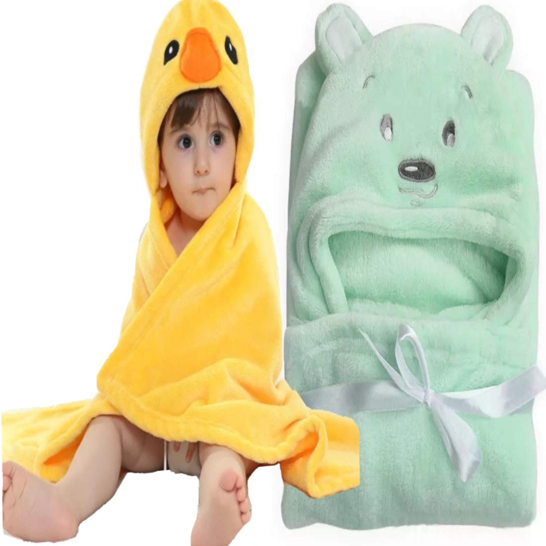 Brandonn Super Soft Baby Blanket & Bathrobe Combo Pack (Yellow/Blue, 0–6 Months, 80 × 80 cm)