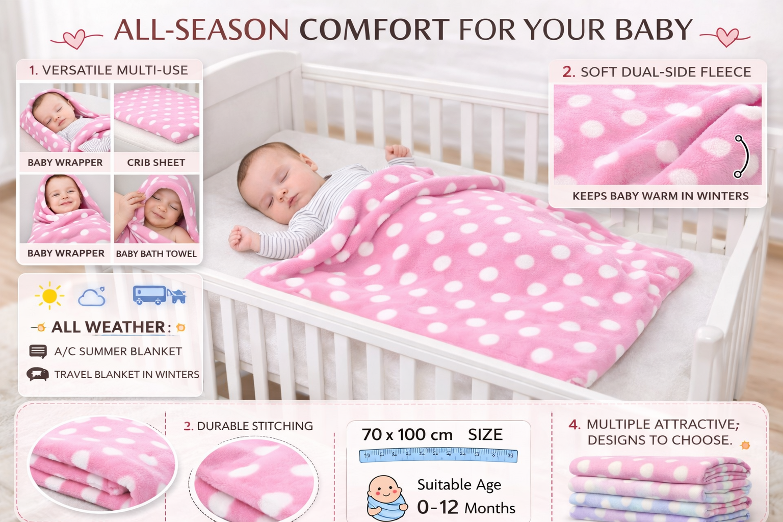 BRANDONN Newborn Baby Blanket | Soft Swaddle Wrapper | 100x75 cm | 0-12 Months
