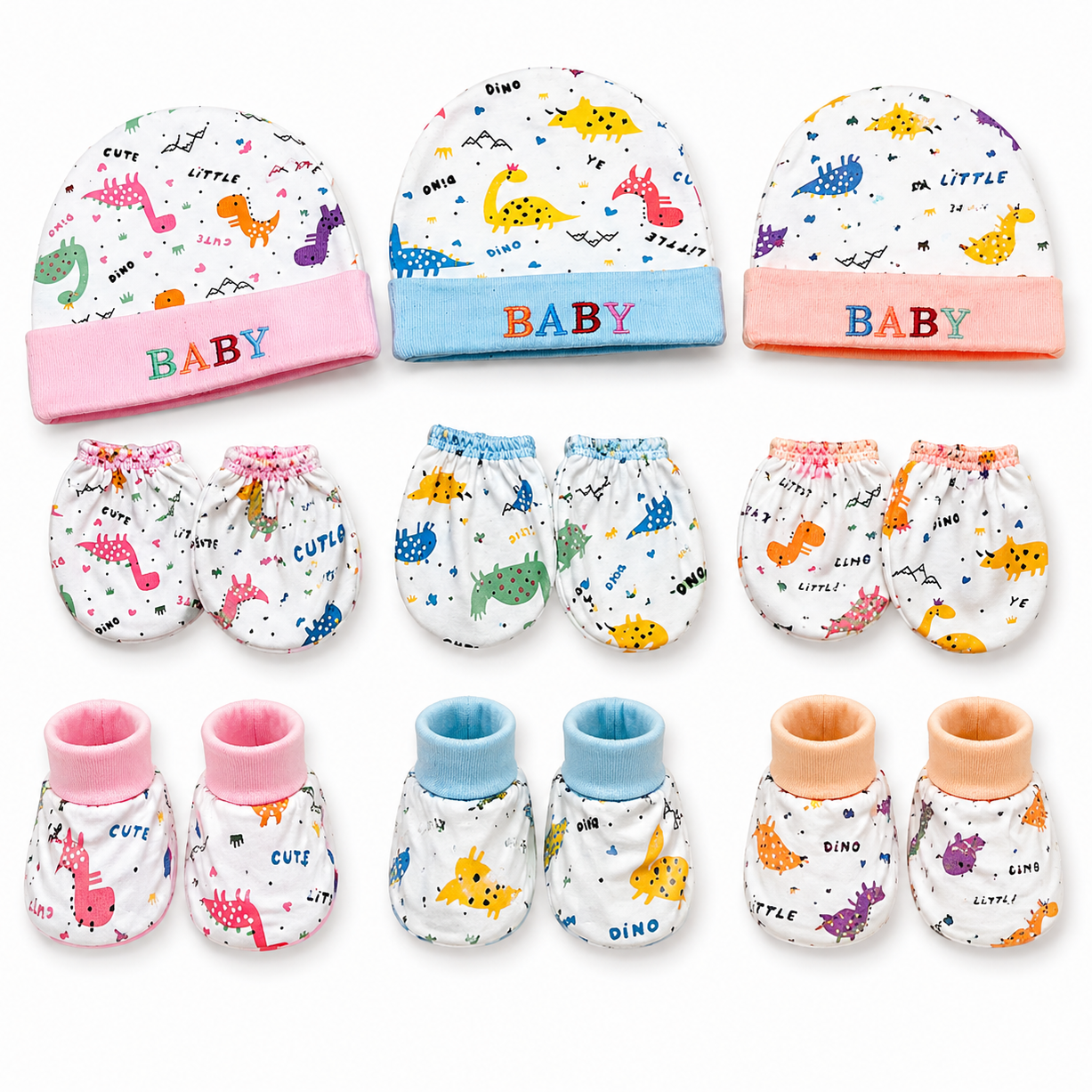 BRANDONN Baby Mitten, Booty & Cap Set (3-Pack, Multicolour) for Newborns 0–6 Months | Soft Cotton Baby Gift Set