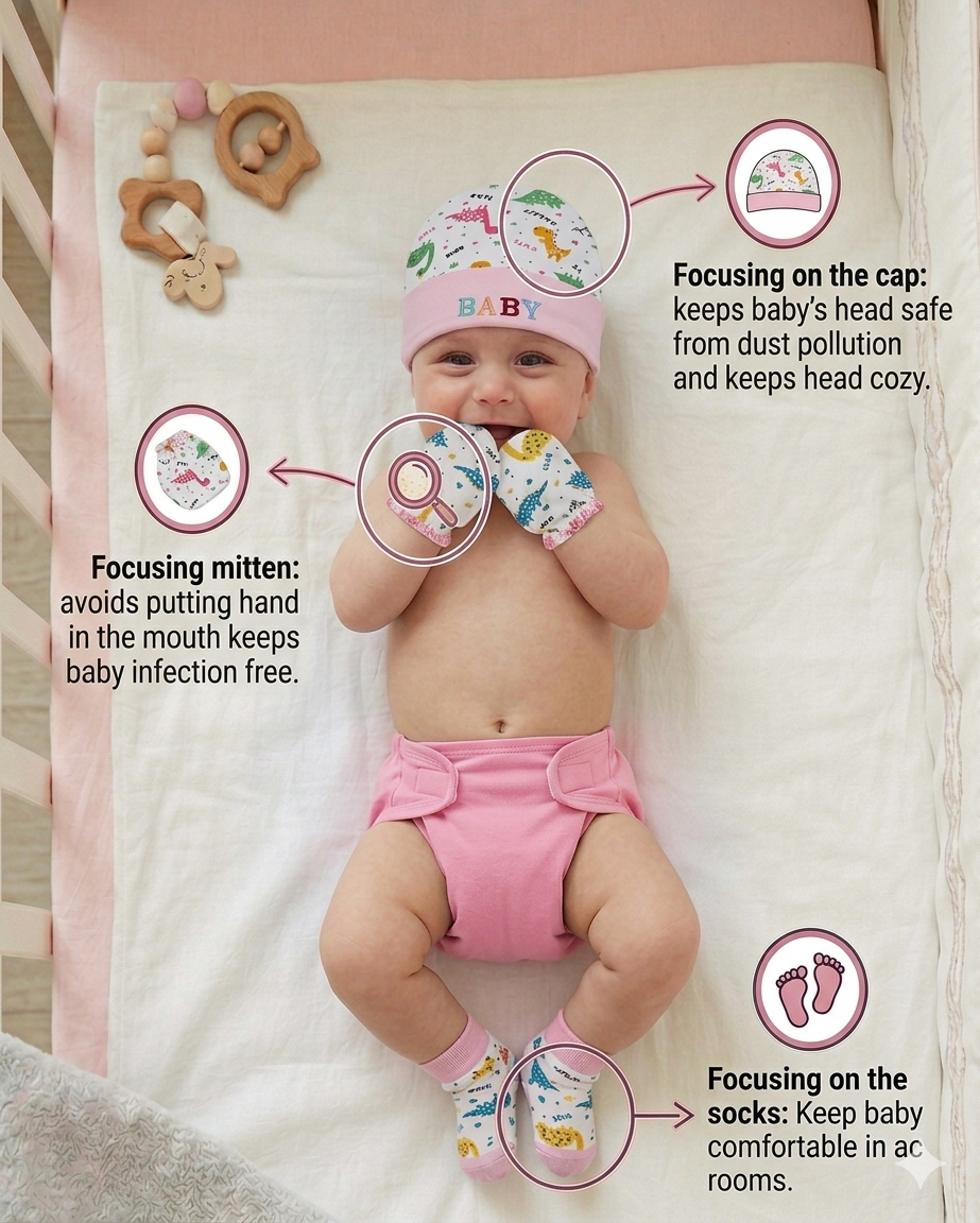 BRANDONN Baby Mitten, Booty & Cap Set (3-Pack, Multicolour) for Newborns 0–6 Months | Soft Cotton Baby Gift Set