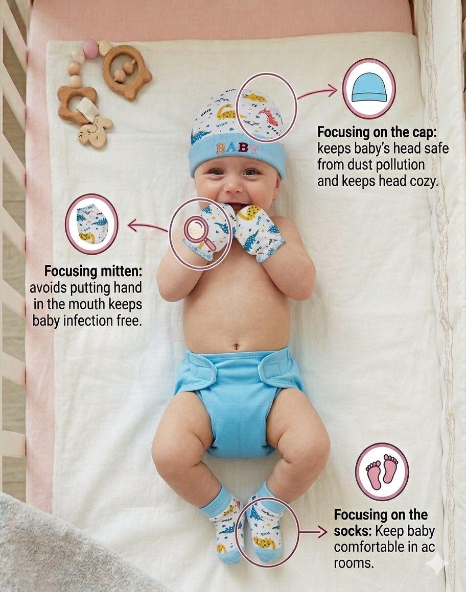 BRANDONN Baby Mitten, Booty & Cap Set (3-Pack, Multicolour) for Newborns 0–6 Months | Soft Cotton Baby Gift Set