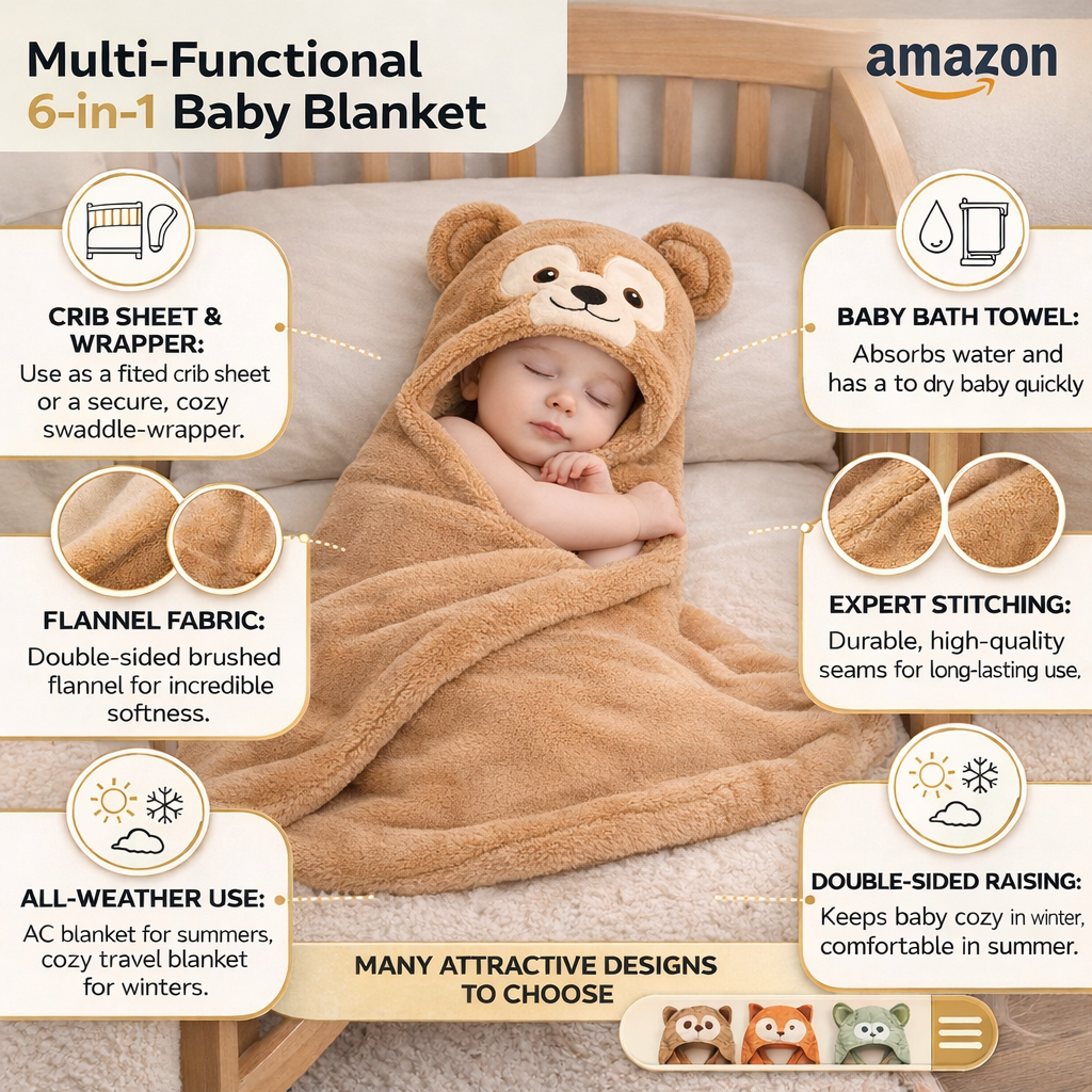 BRANDONN Newborn Hooded Baby Swaddle Blanket – Crib Wrapper (82 x 82 cm, 0–12 Months, 1 Pc)
