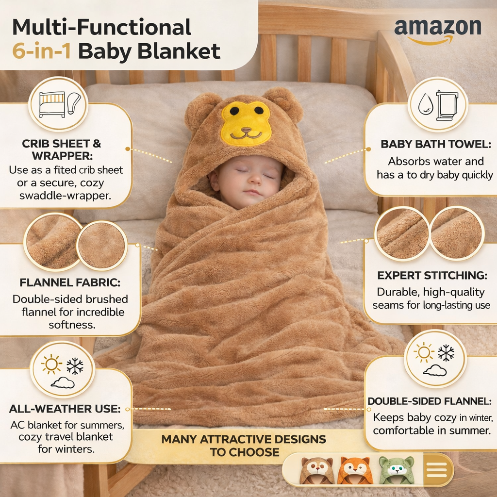 BRANDONN Newborn Hooded Baby Swaddle Blanket – Crib Wrapper (82 x 82 cm, 0–12 Months, 1 Pc)