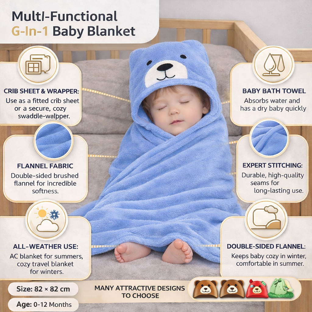 BRANDONN Newborn Hooded Baby Swaddle Blanket – Crib Wrapper (82 x 82 cm, 0–12 Months, 1 Pc)