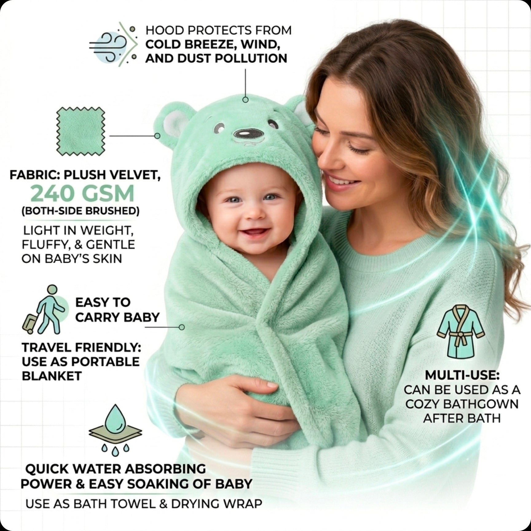 BRANDONN Newborn Hooded Baby Swaddle Blanket – Crib Wrapper (82 x 82 cm, 0–12 Months, 1 Pc)