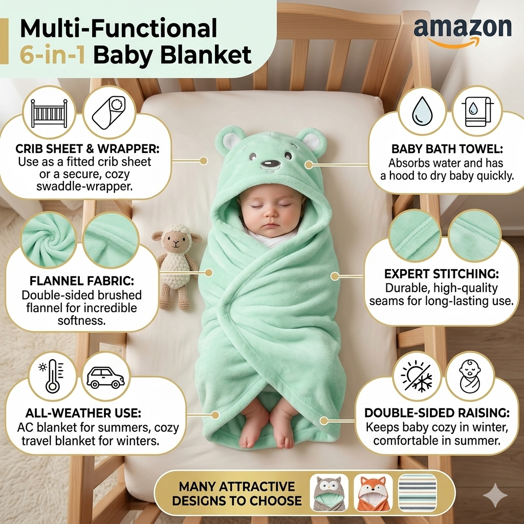 BRANDONN Newborn Hooded Baby Swaddle Blanket – Crib Wrapper (82 x 82 cm, 0–12 Months, 1 Pc)