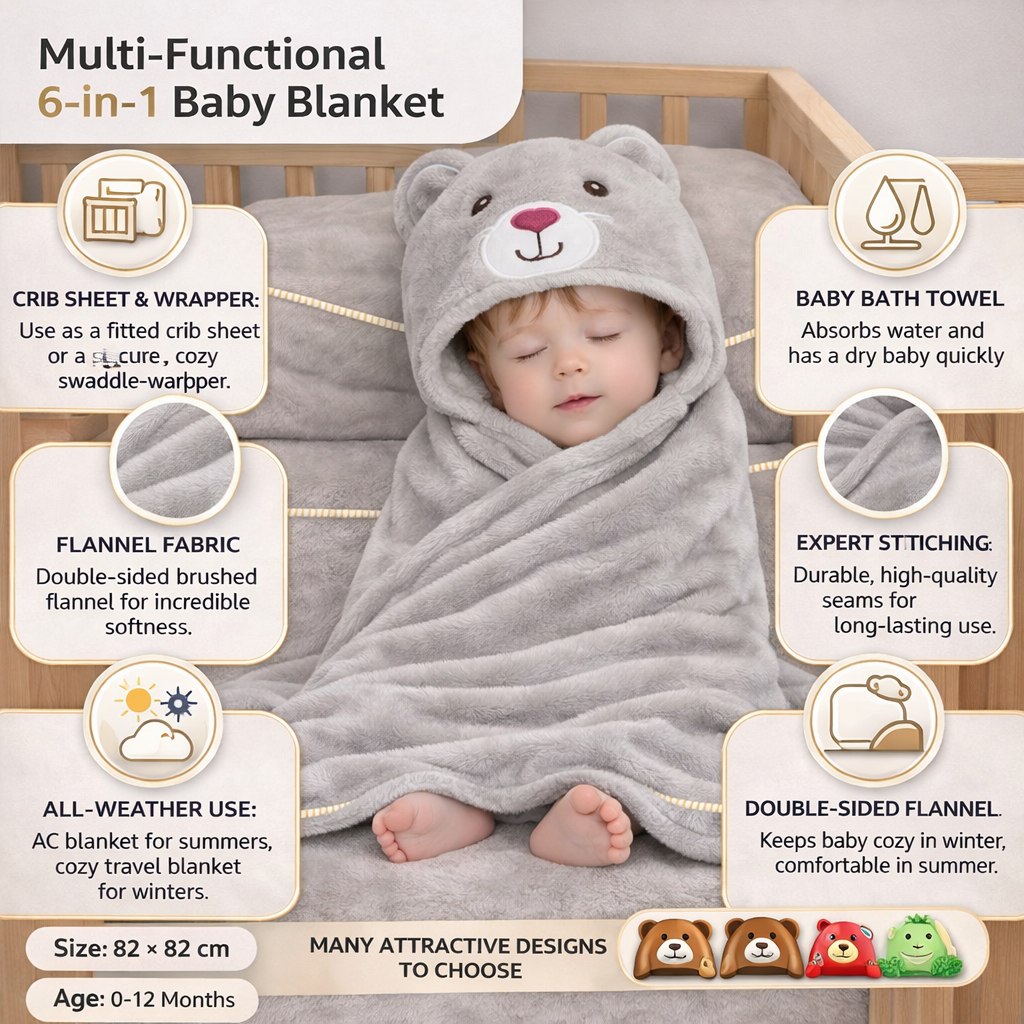 BRANDONN Newborn Hooded Baby Swaddle Blanket – Crib Wrapper (82 x 82 cm, 0–12 Months, 1 Pc)