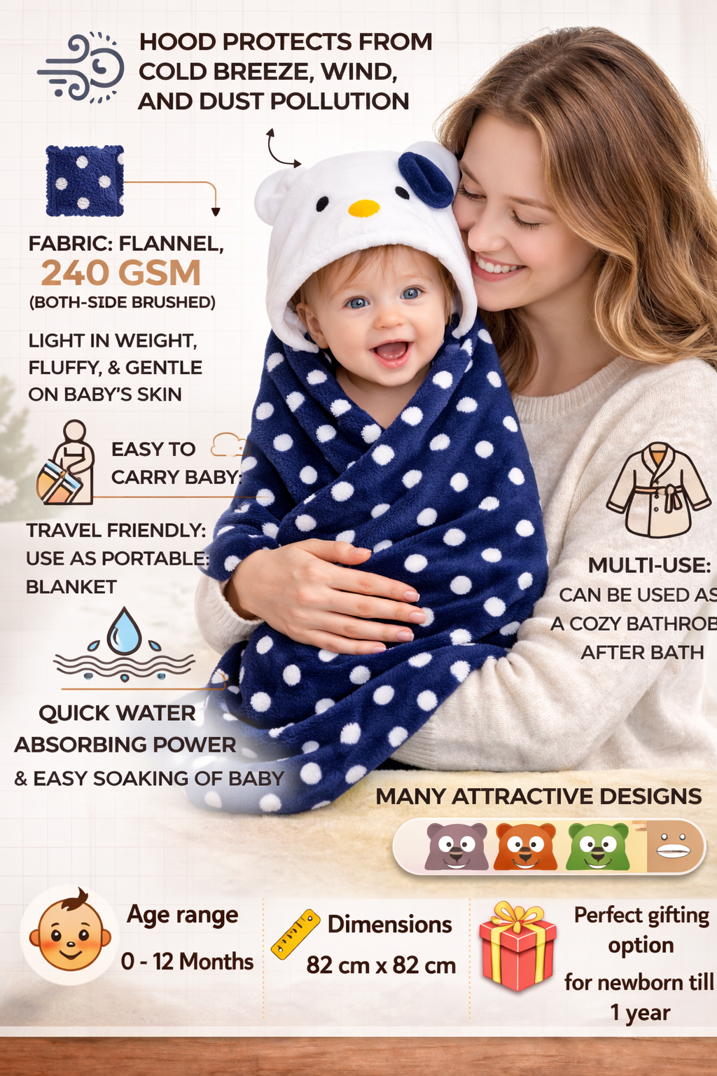 BRANDONN Newborn Polka Dot Ultra-Soft Hooded Baby Bath Towel & Bath Gown