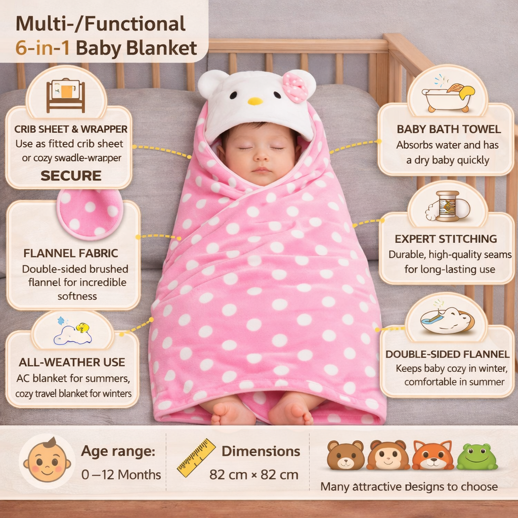 BRANDONN Hooded Baby Blanket | Polka Print | 82x82 cm | 0-12 Months | 1 Pc.