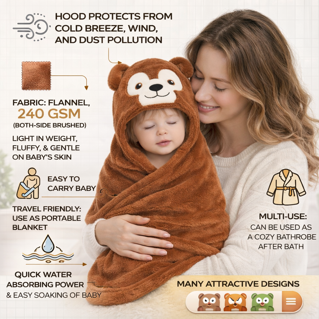 BRANDONN Newborn Hooded Baby Swaddle Blanket – Crib Wrapper (82 x 82 cm, 0–12 Months, 1 Pc)