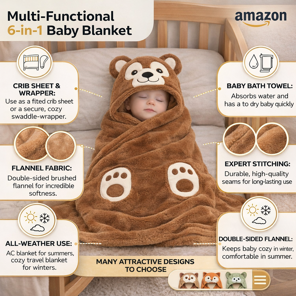 BRANDONN Newborn Hooded Baby Swaddle Blanket – Crib Wrapper (82 x 82 cm, 0–12 Months, 1 Pc)